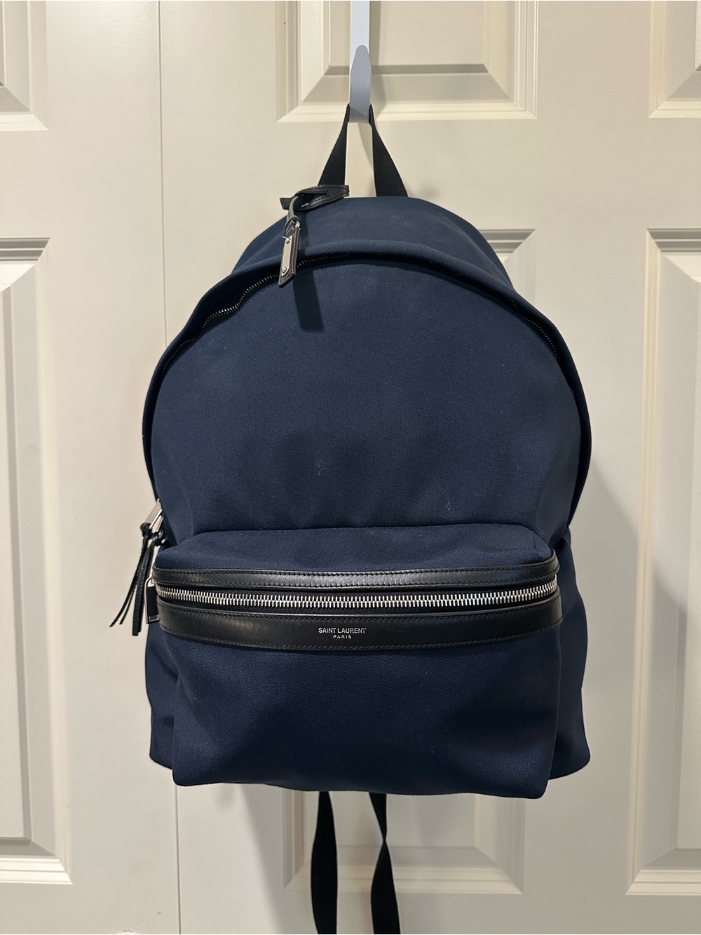 Saint Laurent Dark Navy Canvas City Backpack with Black Leather Trim